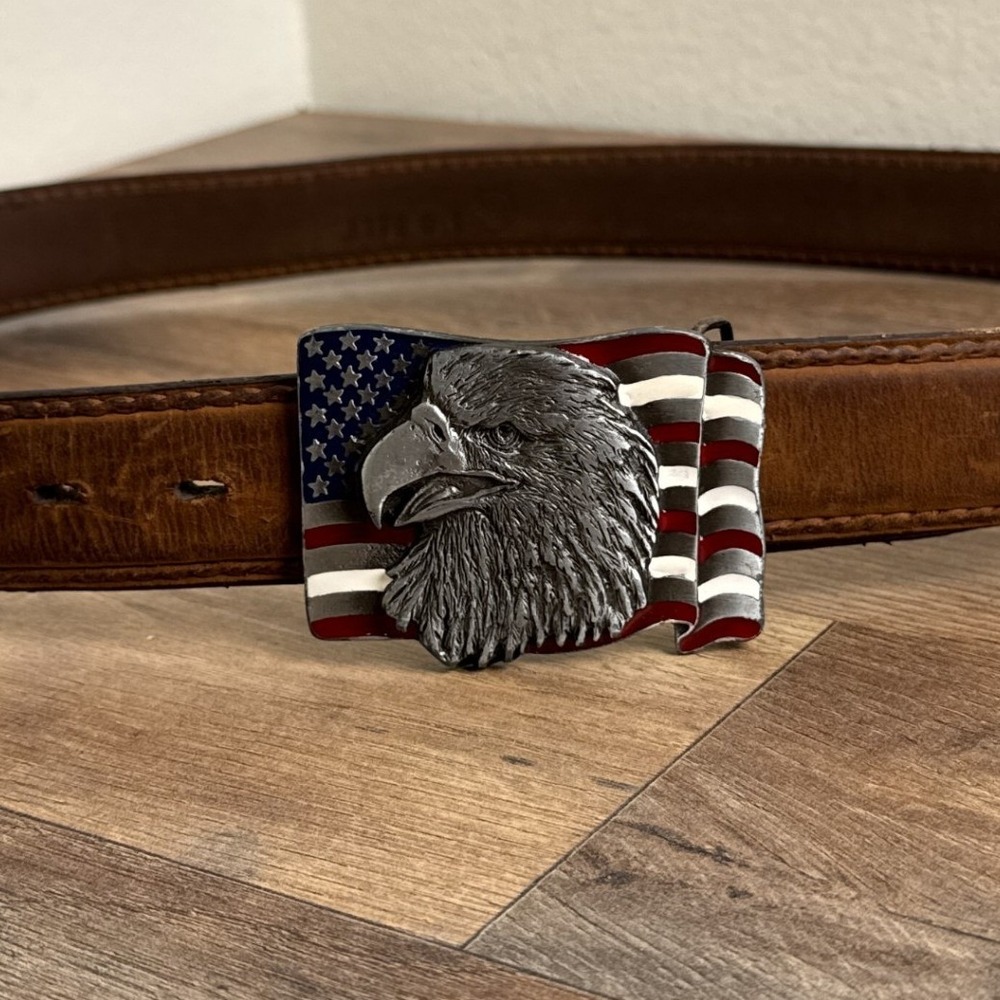 Vintage‎ Western Leather Belt Eagle American Flag Buckle Brown Mens Size 42